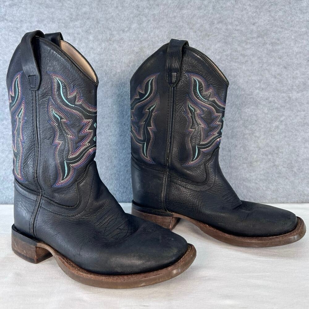 Shyanne Girl’s sz 2 Cowgirl Boots Black Leather Teal Stitch Square Toe Pull On